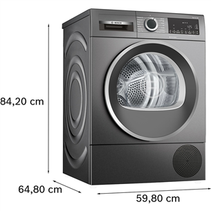 Bosch Series 6, siltumsūkņa tehnoloģija, 9 kg, dziļums 61.3 cm, pelēka - Veļas žāvētājs