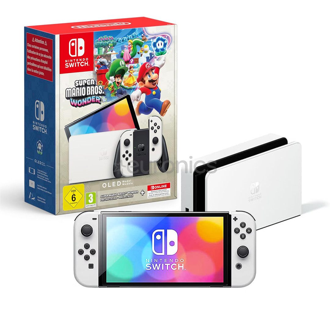 Nintendo Switch OLED + Super Mario Bros. Wonder + NSO 12M, balta - Spēļu konsoles komplekts
