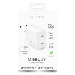 Puro MiniPro GaN Wall Charger, USB-C, 70W, balta - Lādētājs