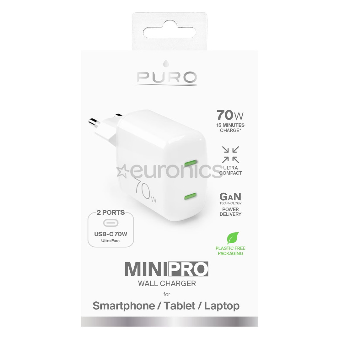 Puro MiniPro GaN Wall Charger, USB-C, 70W, balta - Lādētājs