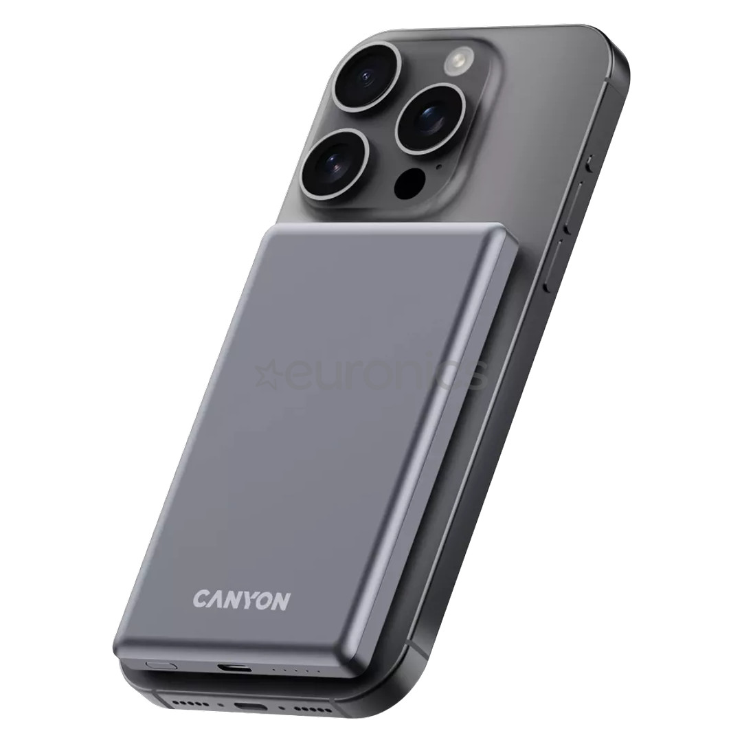 Canyon OnCharge 505 Slim Magsafe, 5000 mAh, bezvadu uzlāde, USB-C, tumši pelēka - Portatīvais barošanas avots