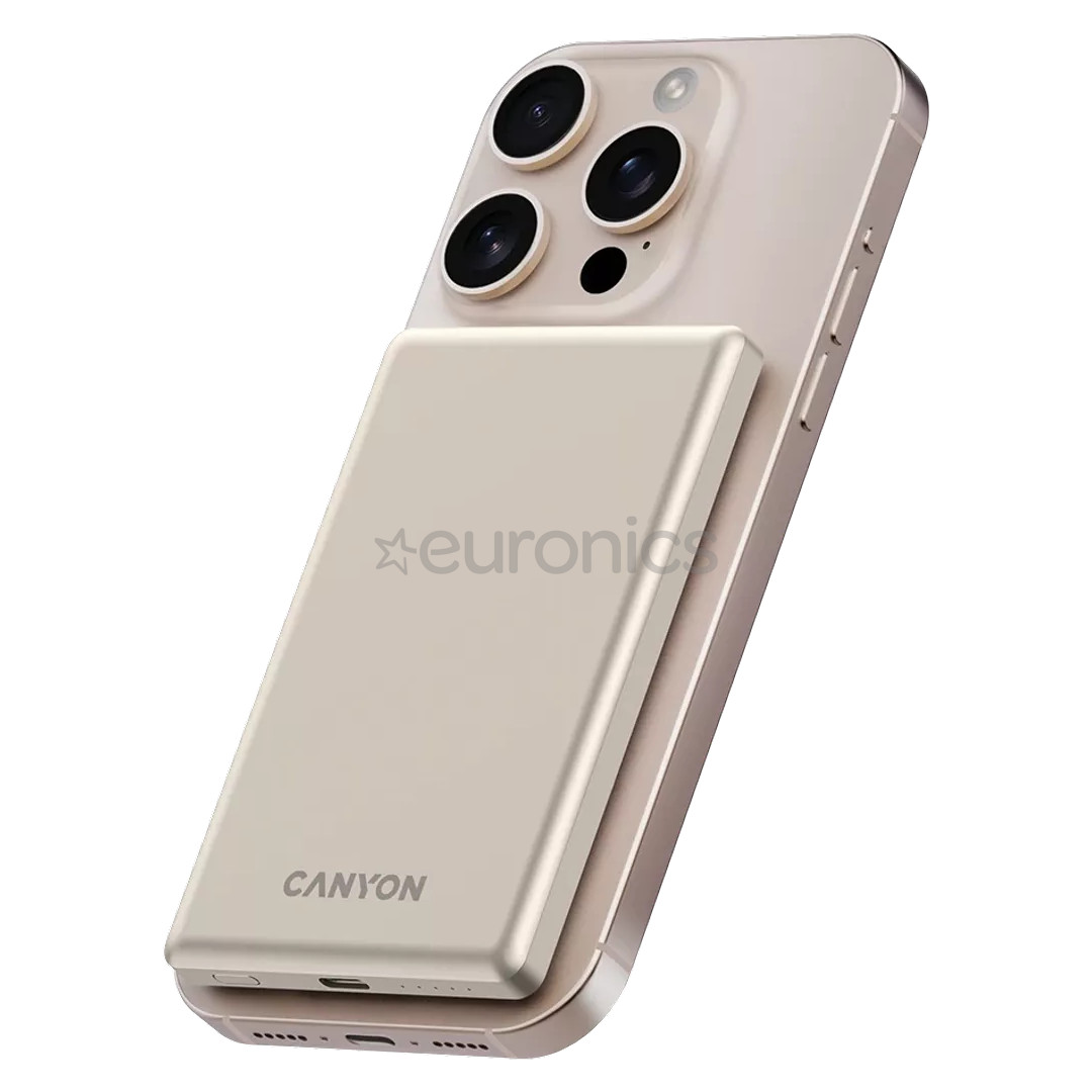 Canyon OnCharge 505 Slim Magsafe, 5000 mAh, wireless charging, USB-C, beige - Powerbank