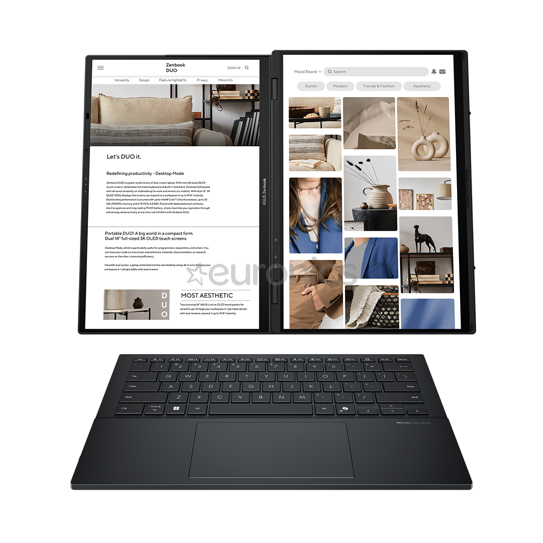Asus Zenbook Duo OLED, 14'', 3K, OLED, 120 Hz, Ultra 9, 32 GB, 2 TB, ENG, tumši pelēka - Portatīvais dators