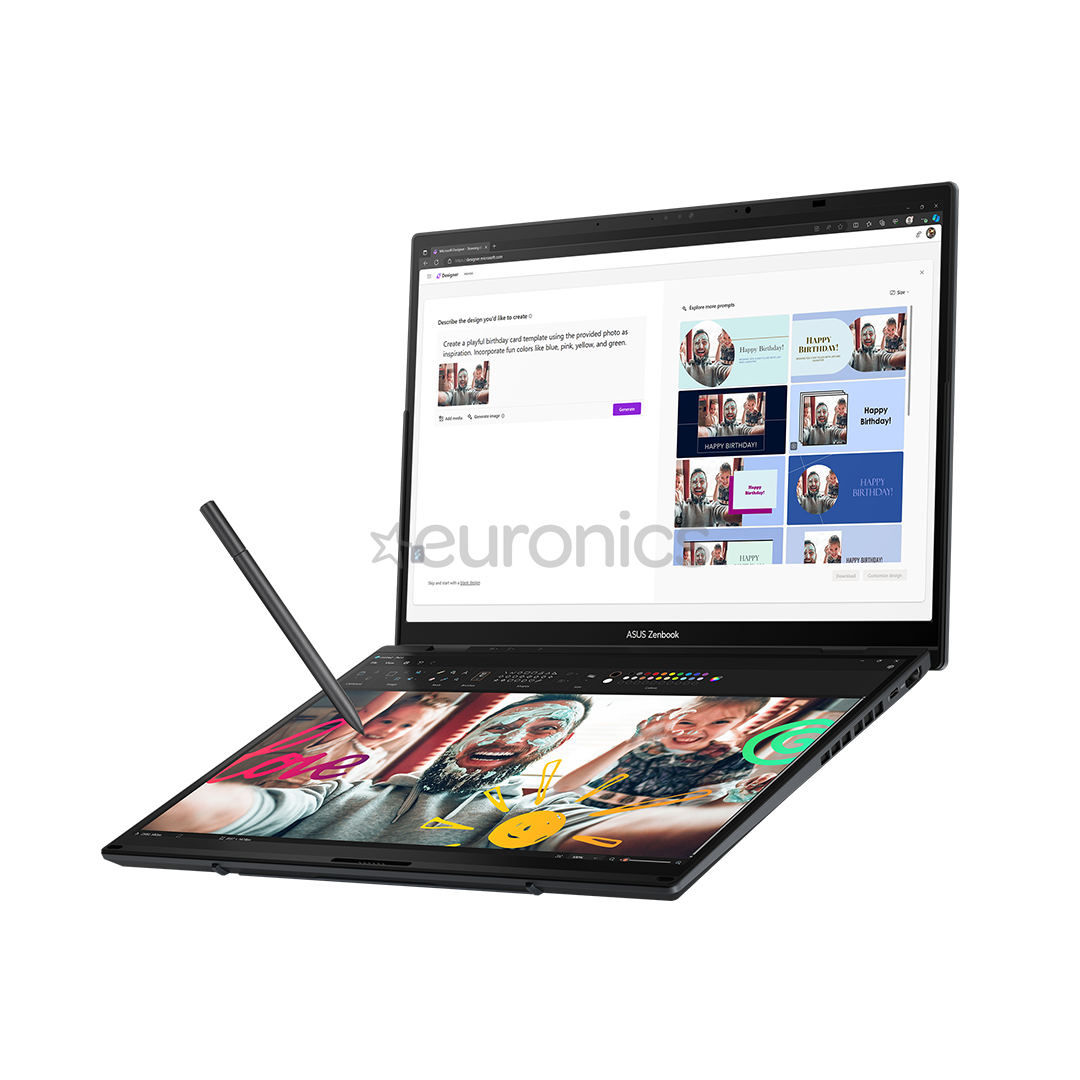 Asus Zenbook Duo OLED, 14'', 3K, OLED, 120 Hz, Ultra 9, 32 GB, 2 TB, ENG, tumši pelēka - Portatīvais dators