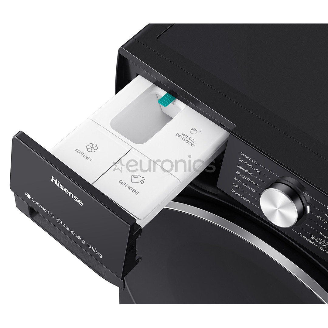 Hisense, 10,5 кг / 6 кг, глубина 59 см, 1400 об/мин, черный - Стирально-сушильная машина