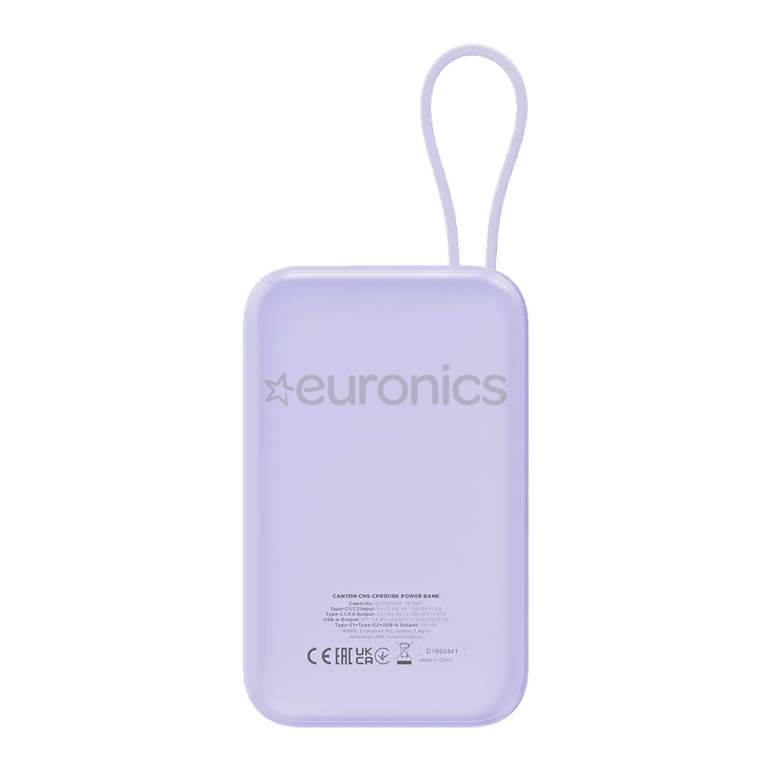 Canyon OnPower 101, 10 000 mAh, lillā - Portatīvais barošanas avots