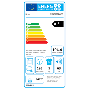 Beko, 9 kg + 9 kg - Washing machine + clothes dryer