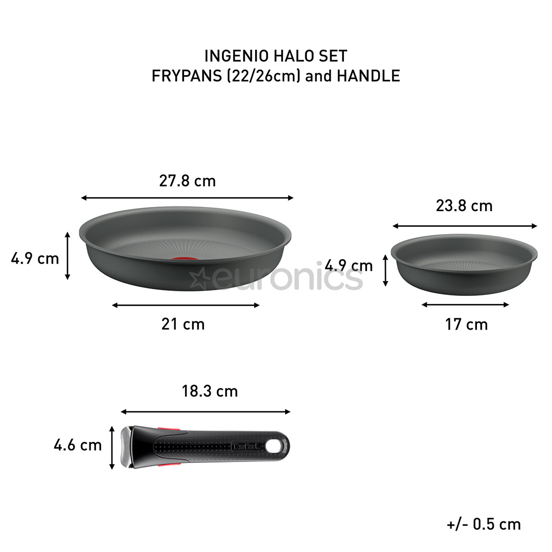 Tefal Ingenio Halo, 22/26 cm, 3 priekšmeti, pelēka - Pannu komplekts + rokturis