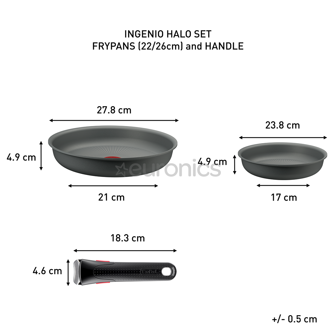 Tefal Ingenio Halo, 22/26 cm, 3 priekšmeti, pelēka - Pannu komplekts + rokturis