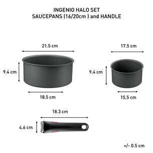 Tefal Ingenio Halo, 16/20 cm, 3 priekšmeti, pelēka - Katlu komplekts + rokturis
