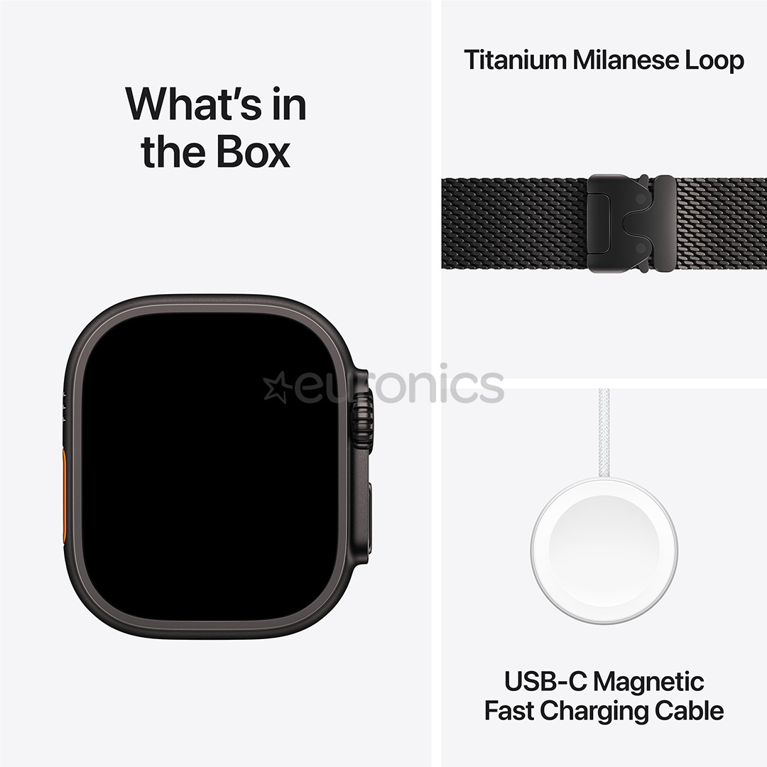 Apple Watch Ultra 3, 49 mm, Titanium Milanese Loop, Large, melna titāna / melna - Viedpulkstenis