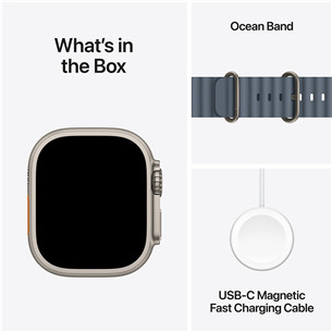 Apple Watch Ultra 3, 49 mm, Ocean Band, nerūsējošā tērauda / zila - Viedpulkstenis