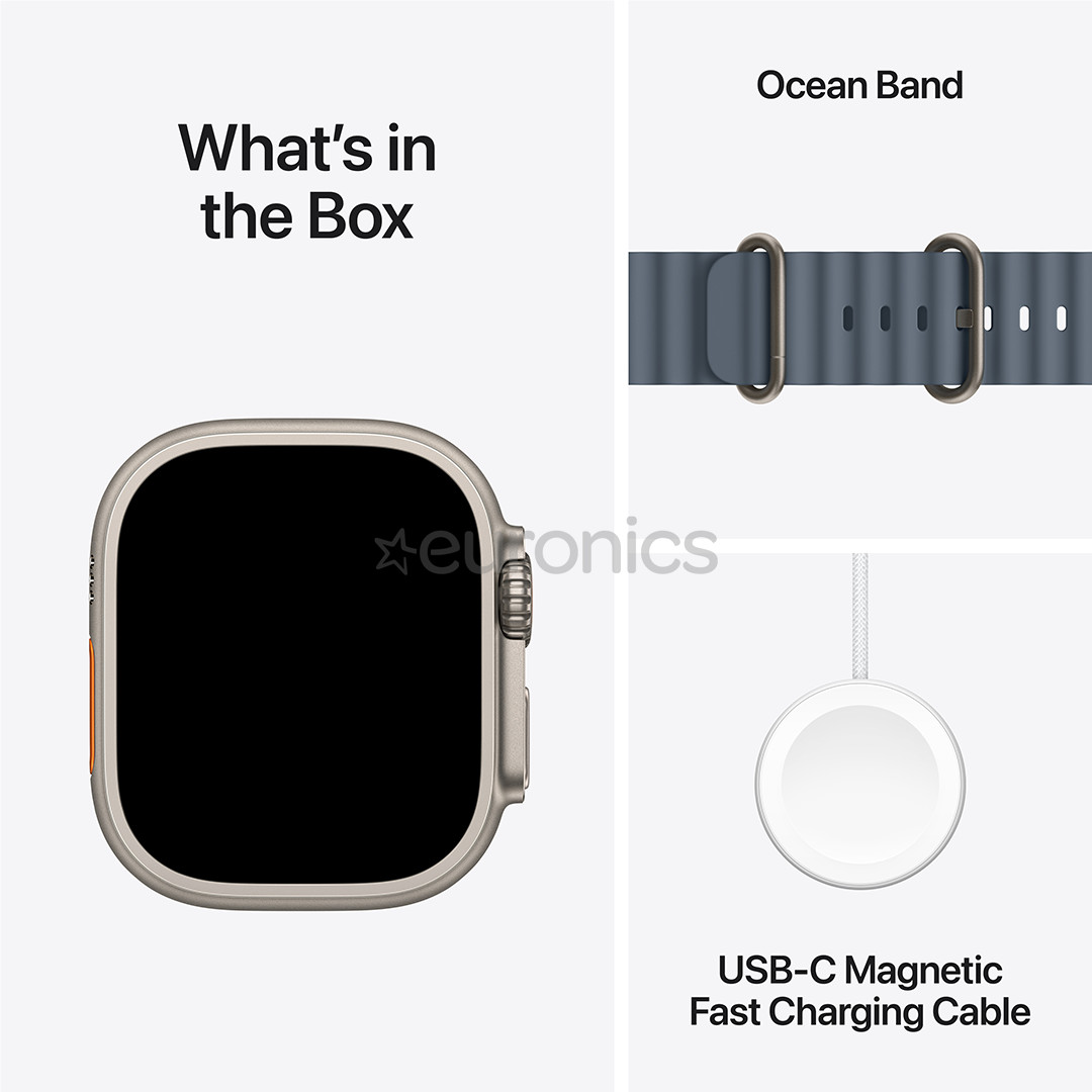 Apple Watch Ultra 3, 49 mm, Ocean Band, nerūsējošā tērauda / zila - Viedpulkstenis