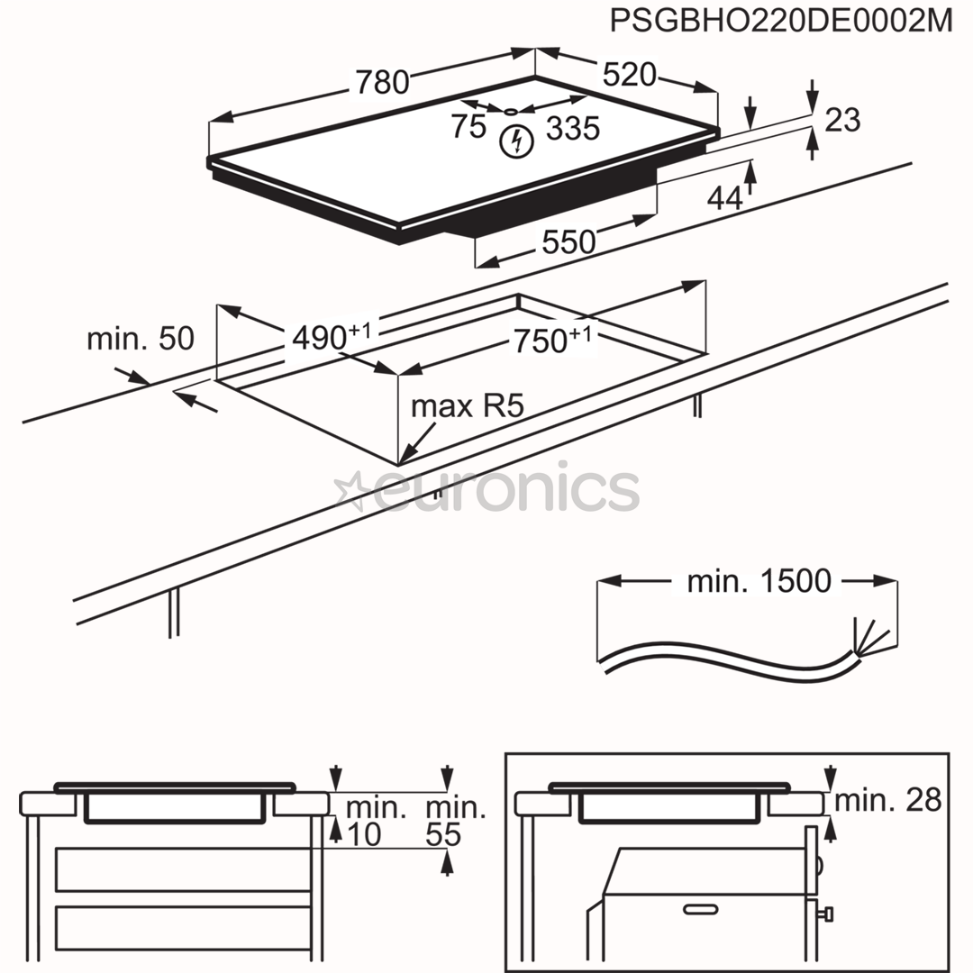 Electrolux 600 SaphirMatt SE® Bridge Hob2Hood, platums 80 cm, melna - Iebūvējama indukcijas plīts virsma