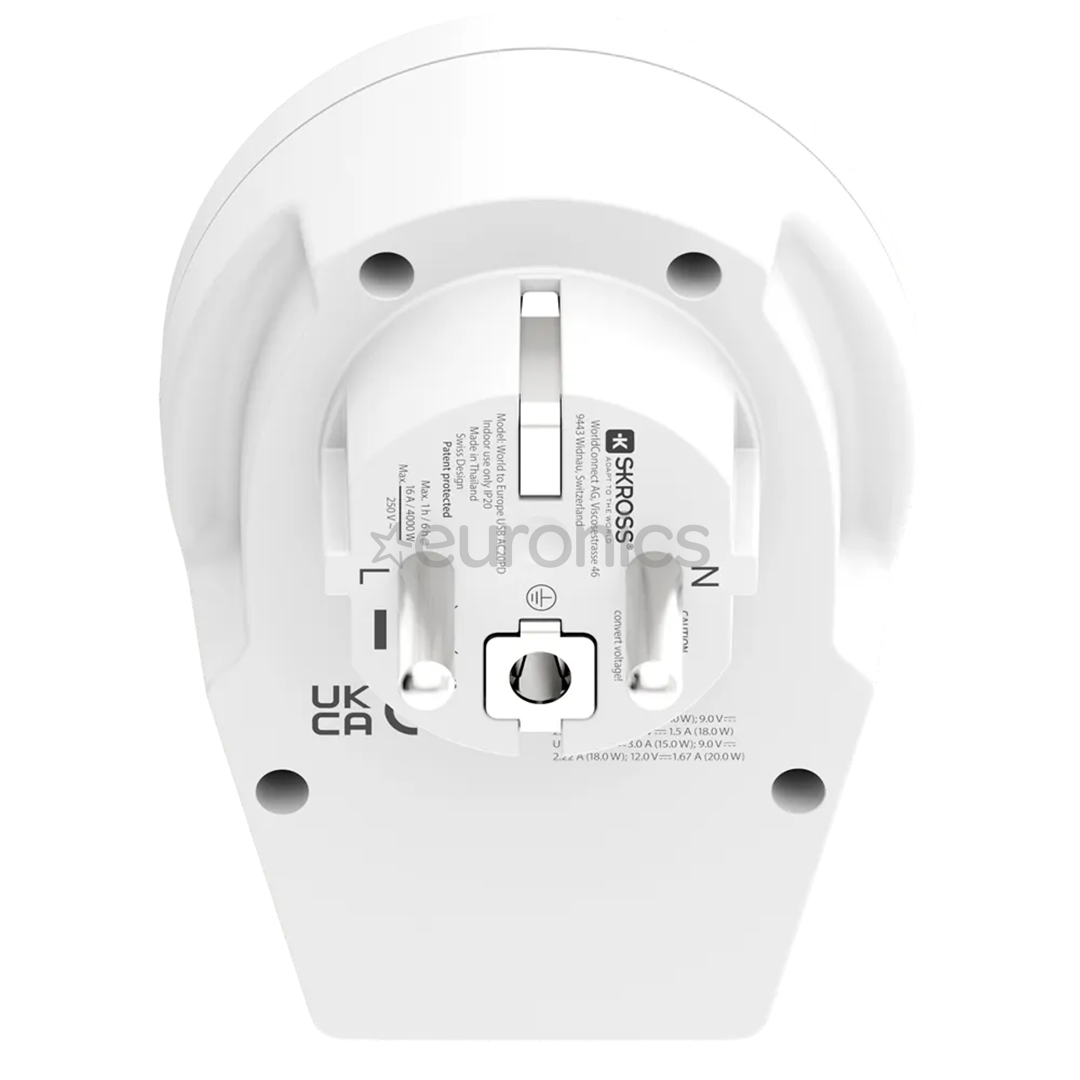 Skross World to Europe, USB-A, USB-C, white - Travel adapter