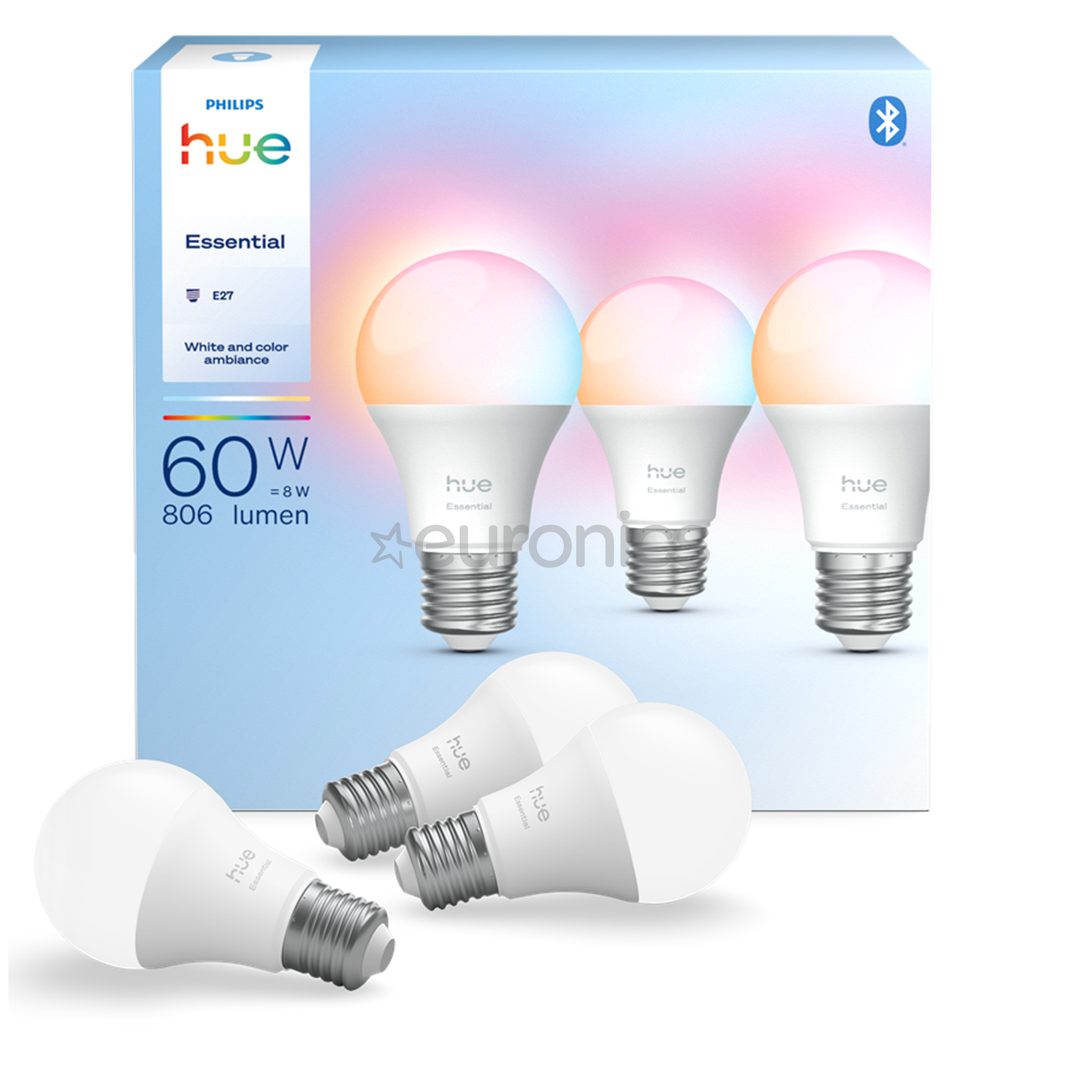 Philips Hue Essential A60, Full Color, E27, 3 gab., balta - Viedā spuldze