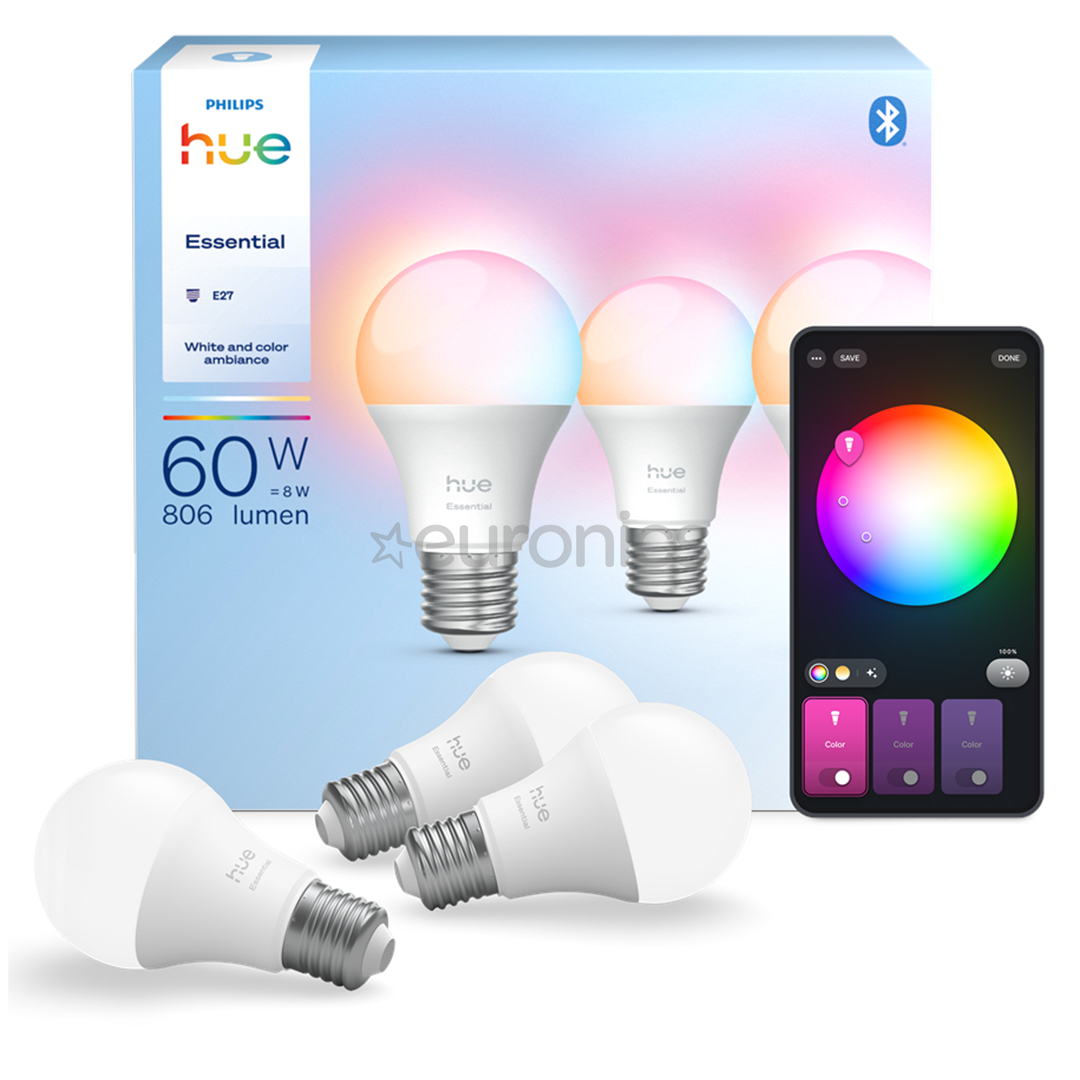 Philips Hue Essential A60, Full Color, E27, 3 gab., balta - Viedā spuldze