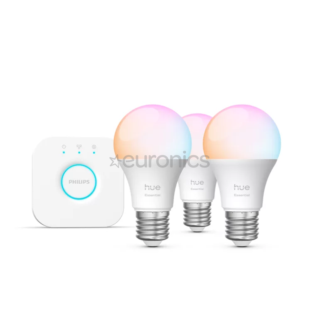 Philips Hue Essential Starter Kit, A60 + Hue Bridge, Full Color, E27, 3 gab., balta - Viedā spuldze