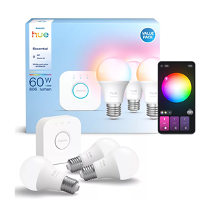 Philips Hue Essential Starter Kit, A60 + Hue Bridge, Full Color, E27, 3 gab., balta - Viedā spuldze