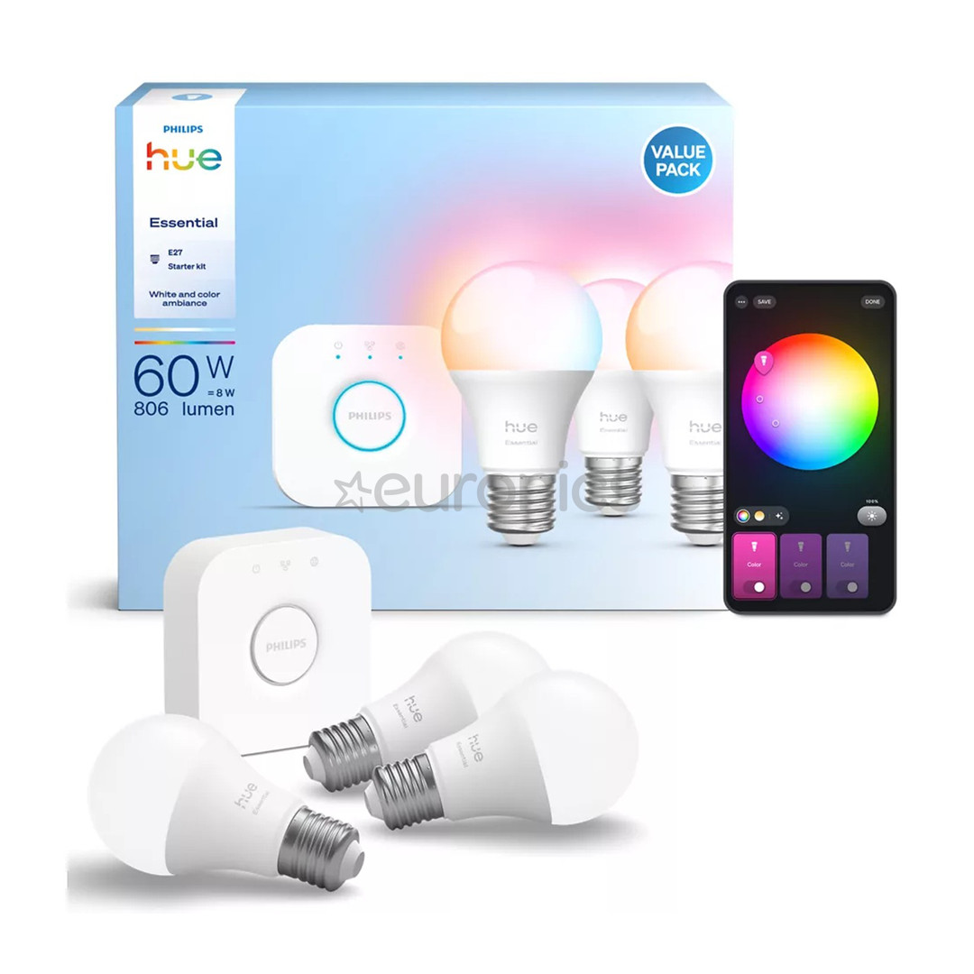 Philips Hue Essential Starter Kit, A60 + Hue Bridge, Full Color, E27, 3 pc, white - Smart light
