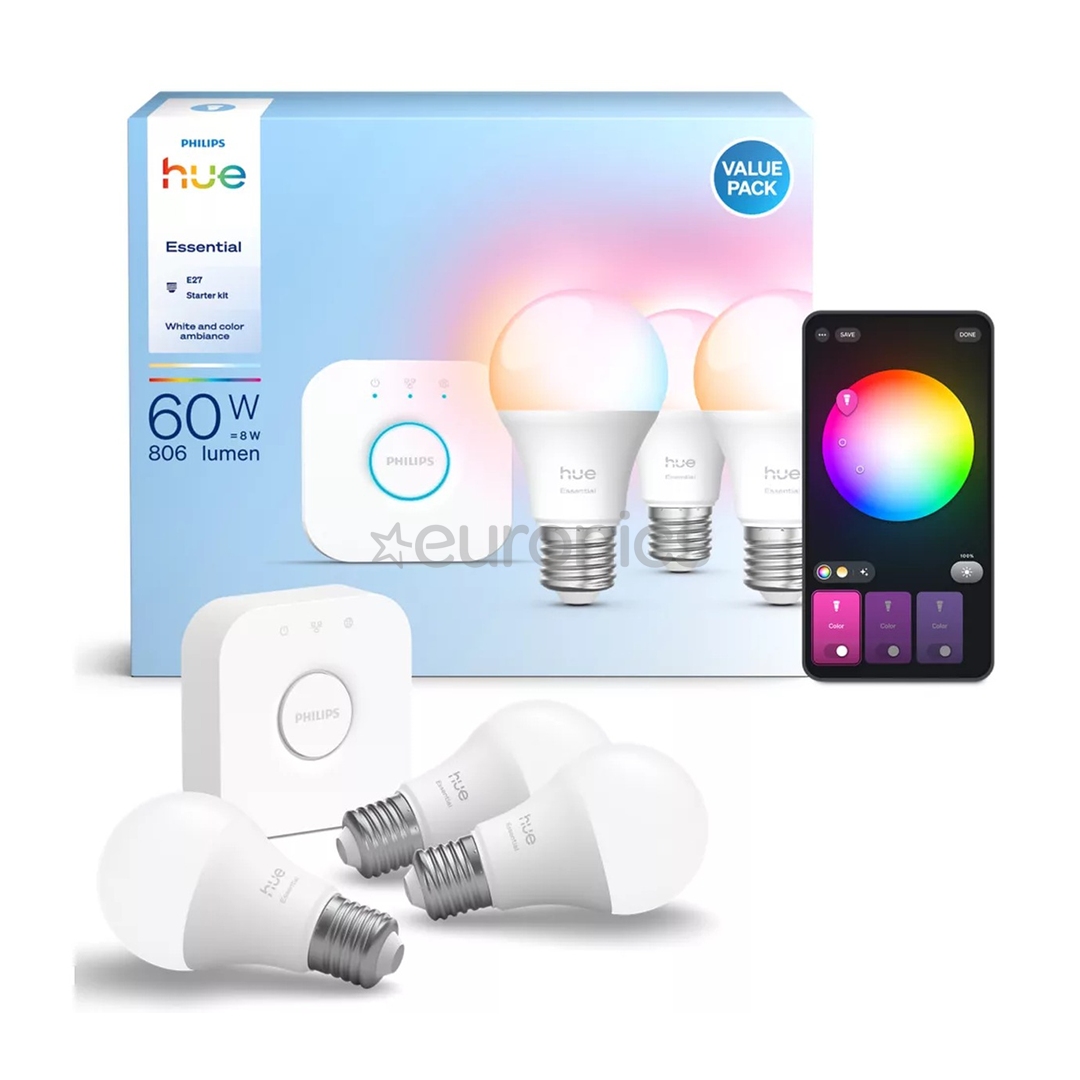 Philips Hue Essential Starter Kit, A60 + Hue Bridge, Full Color, E27, 3 gab., balta - Viedā spuldze