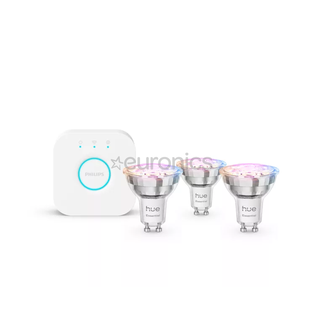 Philips Hue Essential Starter Kit, Spotlight + Hue Bridge, Full Color, GU10, 3 gab., balta - Viedās gaismas komplekts