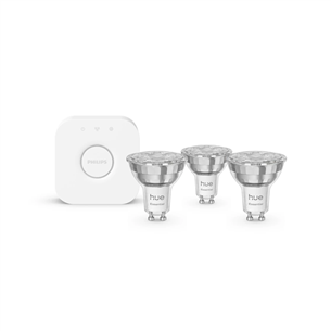 Philips Hue Essential Starter Kit, Spotlight + Hue Bridge, Full Color, GU10, 3 gab., balta - Viedās gaismas komplekts