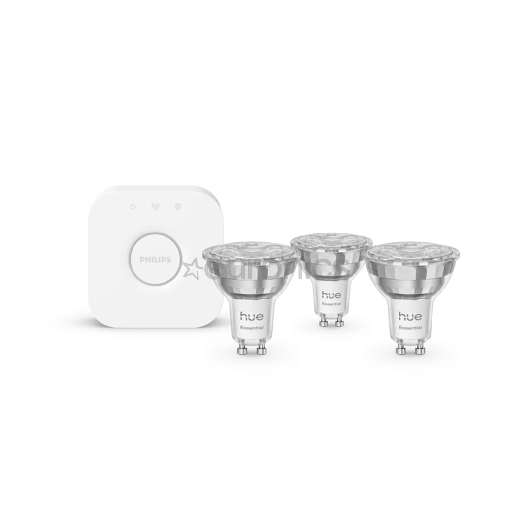 Philips Hue Essential Starter Kit, Spotlight + Hue Bridge, Full Color, GU10, 3 gab., balta - Viedās gaismas komplekts