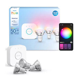 Philips Hue Essential Starter Kit, Spotlight + Hue Bridge, Full Color, GU10, 3 gab., balta - Viedās gaismas komplekts