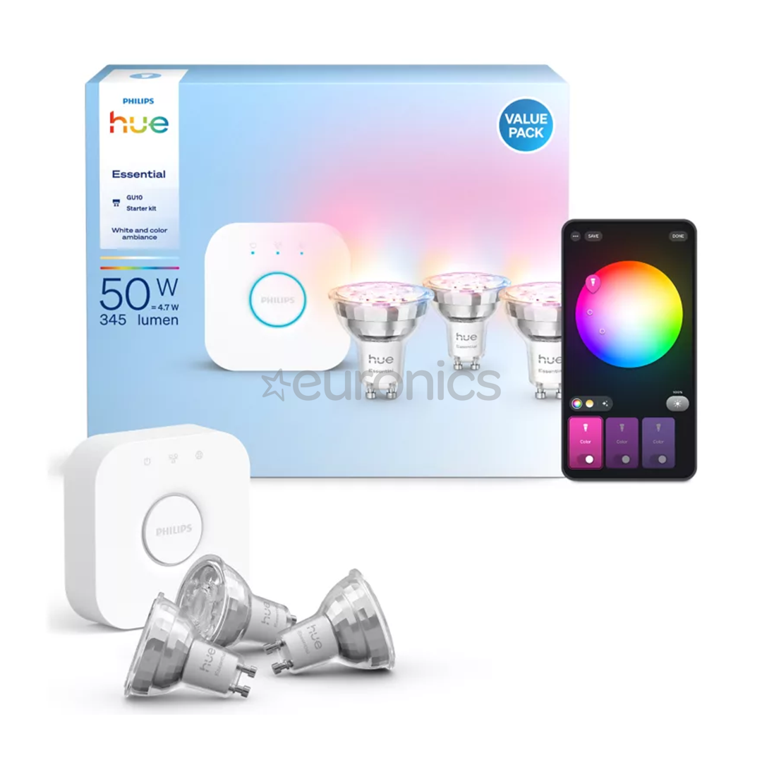 Philips Hue Essential Starter Kit, Spotlight + Hue Bridge, Full Color, GU10, 3 gab., balta - Viedās gaismas komplekts