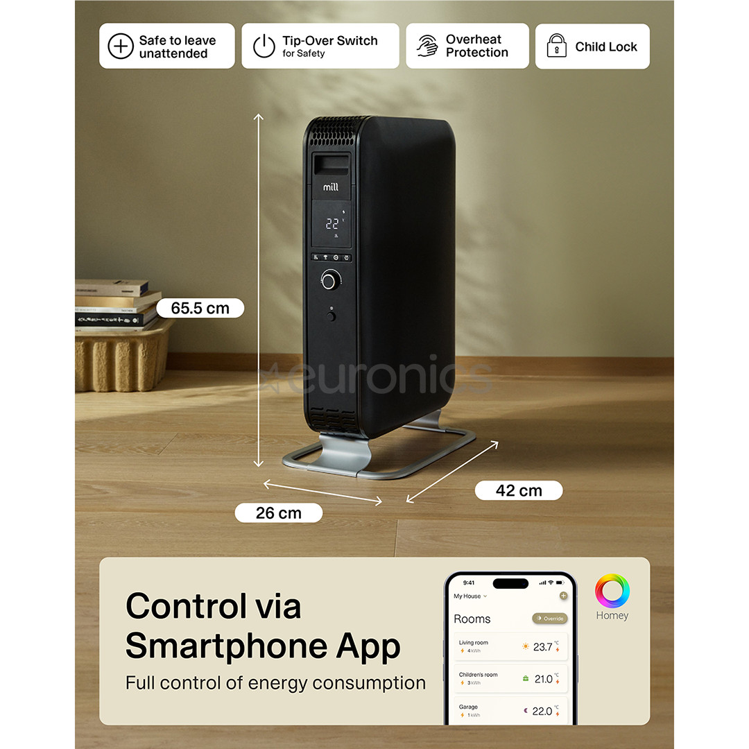 Mill Gentle Air WiFi, 2000 W, black - Oil filled radiator