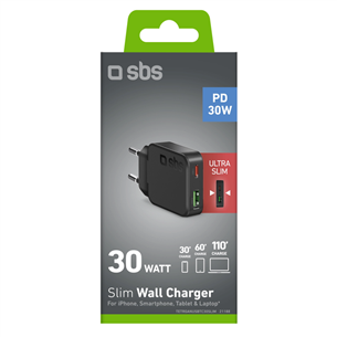 SBS Slim Wall Charger, USB-A, USB-C, 30 W, black - Wall charger