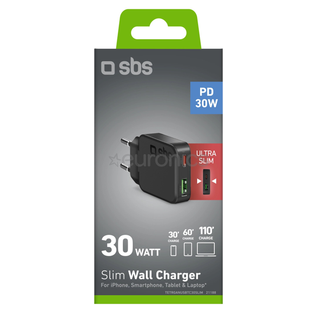 SBS Slim Wall Charger, USB-A, USB-C, 30 W, melna - Lādētājs