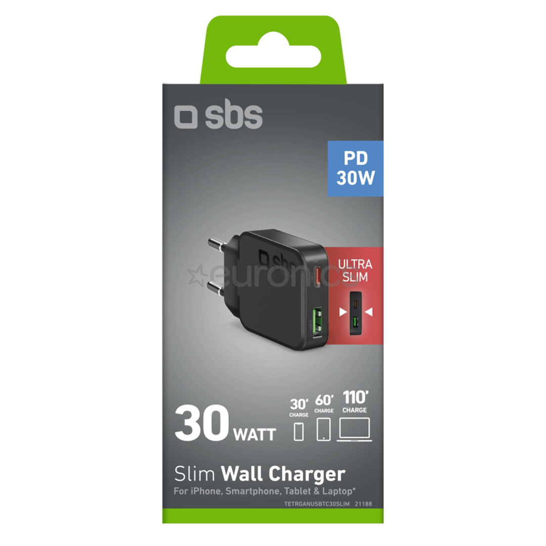 SBS Slim Wall Charger, USB-A, USB-C, 30 W, black - Wall charger