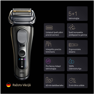 Braun Series 9 Pro+, Wet & Dry, 6-in-1, SmartCare centrs & PowerCase futrālis, tumši pelēka - Skuveklis