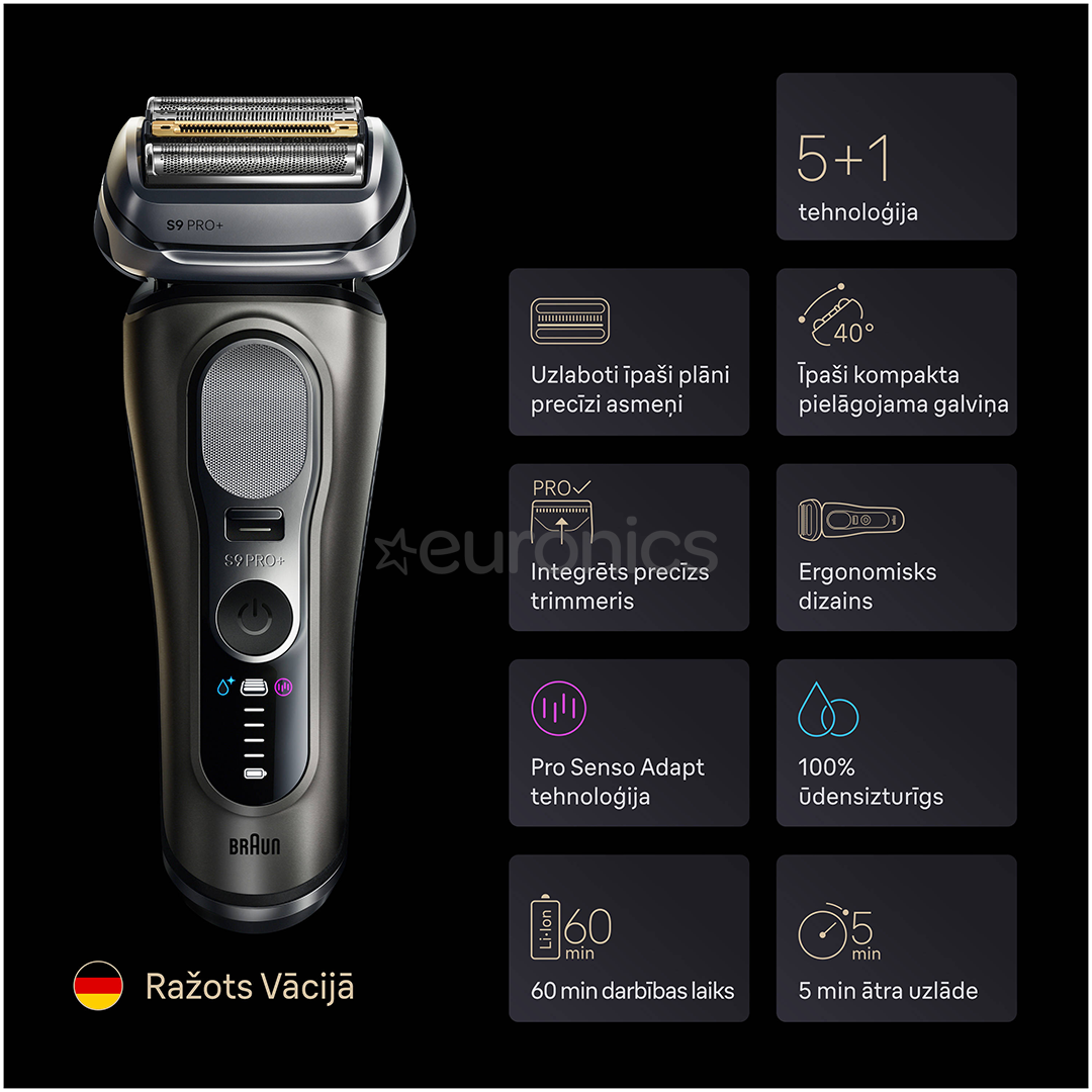 Braun Series 9 Pro+, Wet & Dry, 6-in-1, SmartCare centrs & PowerCase futrālis, tumši pelēka - Skuveklis