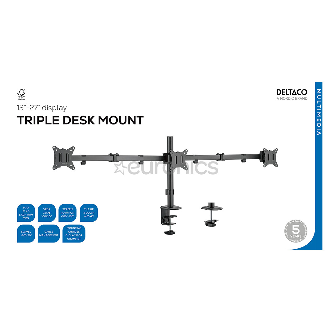 Deltaco Triple Desk Mount, 13-27'', melna - Monitora statīvs