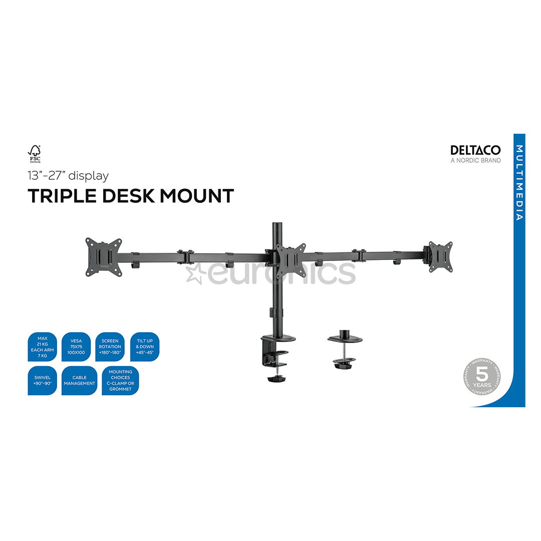 Deltaco Triple Desk Mount, 13-27'', black - Monitor stand