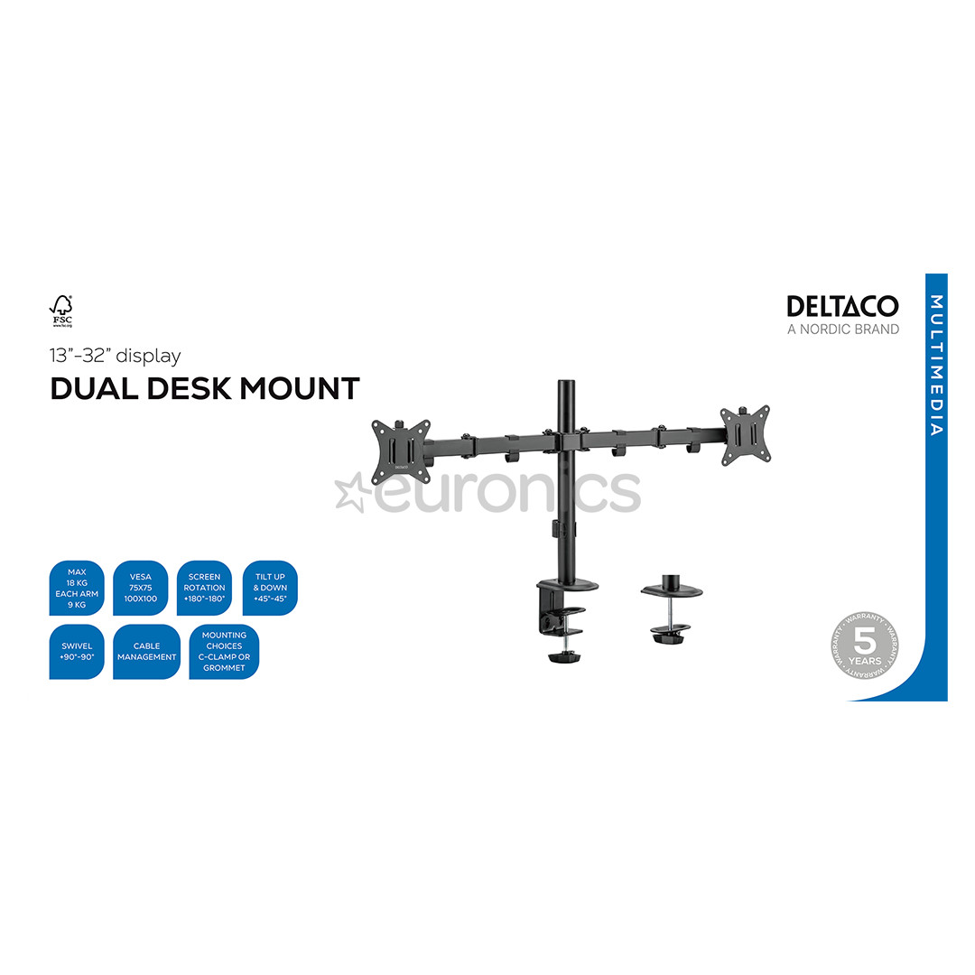 Deltaco Dual Desk Mount, 13-32'', melna - Monitora statīvs