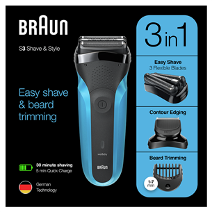 Braun Series 3 Shave & Style, Wet & Dry, zila - Skuveklis