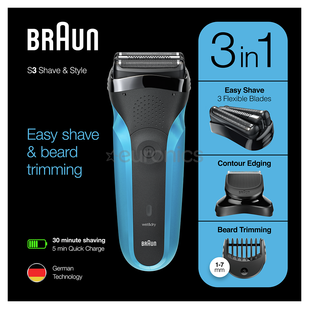 Braun Series 3 Shave & Style, Wet & Dry, zila - Skuveklis