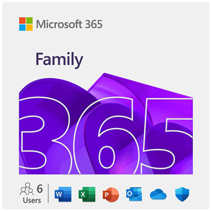 Microsoft 365 Family, 12 mēnešu abonements, 6 lietotāji / 5 ierīces, 1 TB OneDrive, ENG EP2-32335