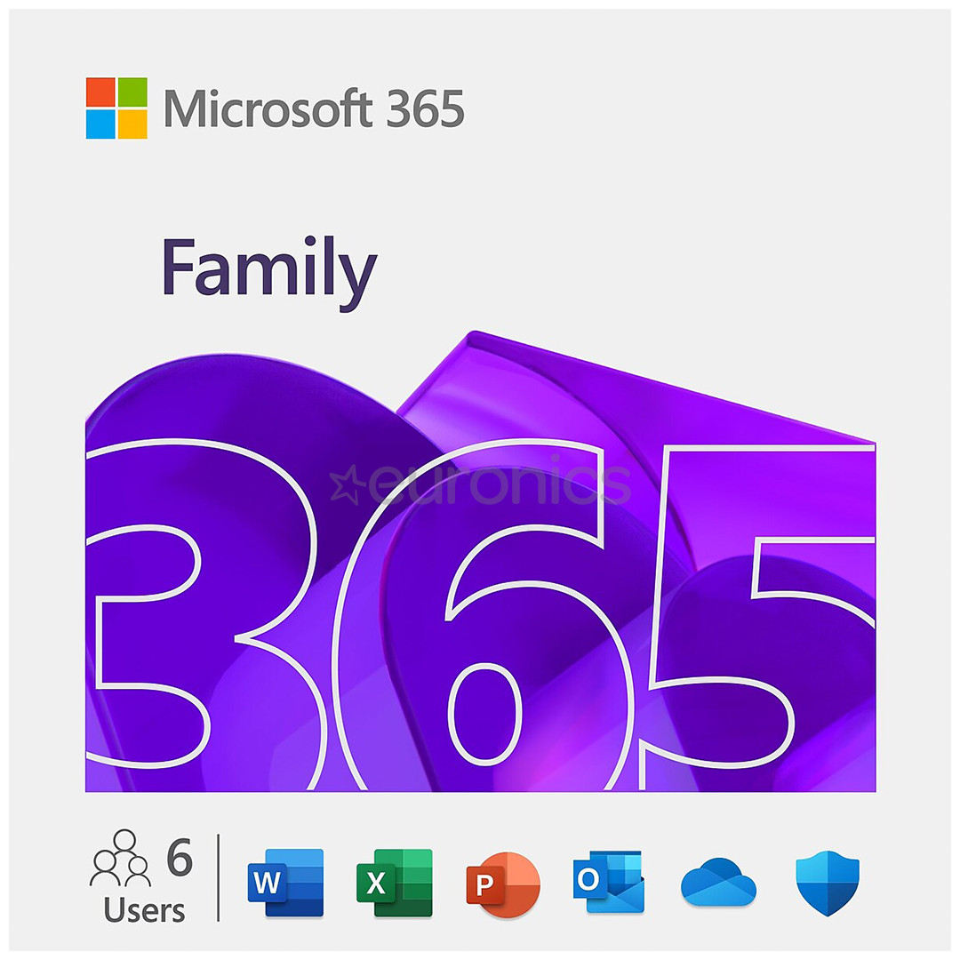 Microsoft 365 Family, подписка на 12 месяцев, 6 пользователей / 5 устройств, 1 ТБ OneDrive, ENG - Программное обеспечение
