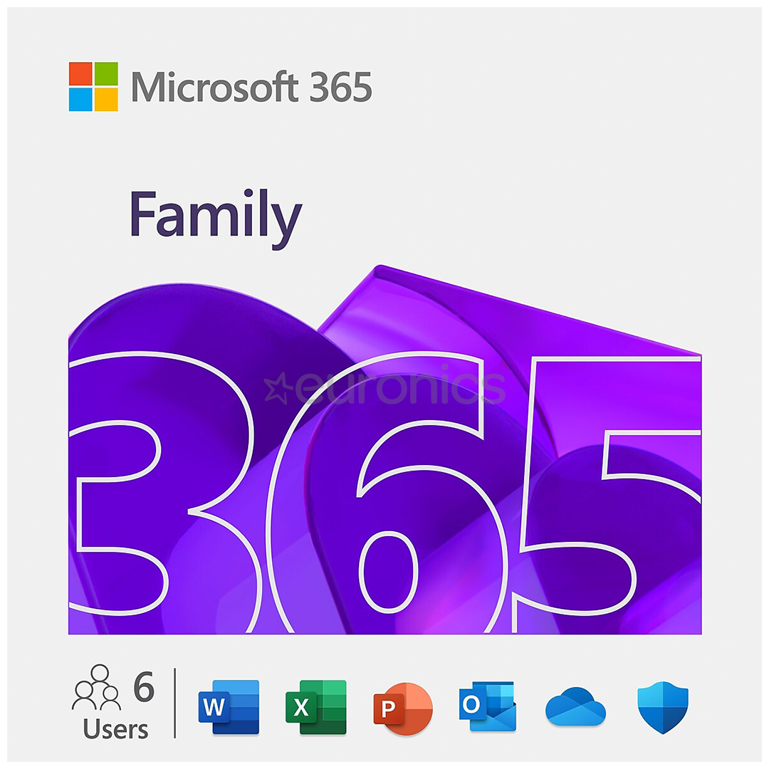 Microsoft 365 Family, 12 mēnešu abonements, 6 lietotāji / 5 ierīces, 1 TB OneDrive, ENG - Programmatūra