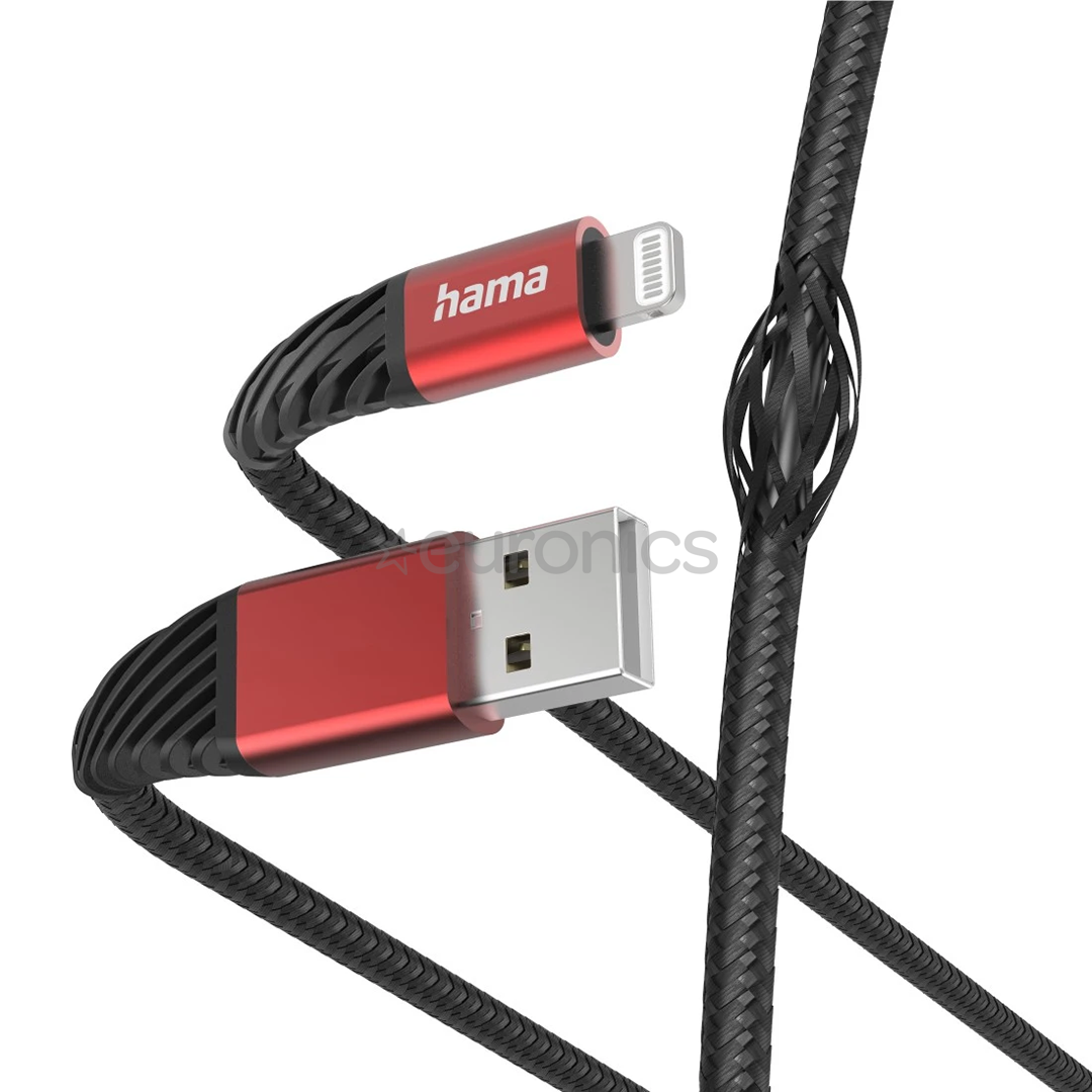Hama Extreme Charging Cable, USB-A, Lightning, Nylon, 1.5 m, melna/sarkana - Vads