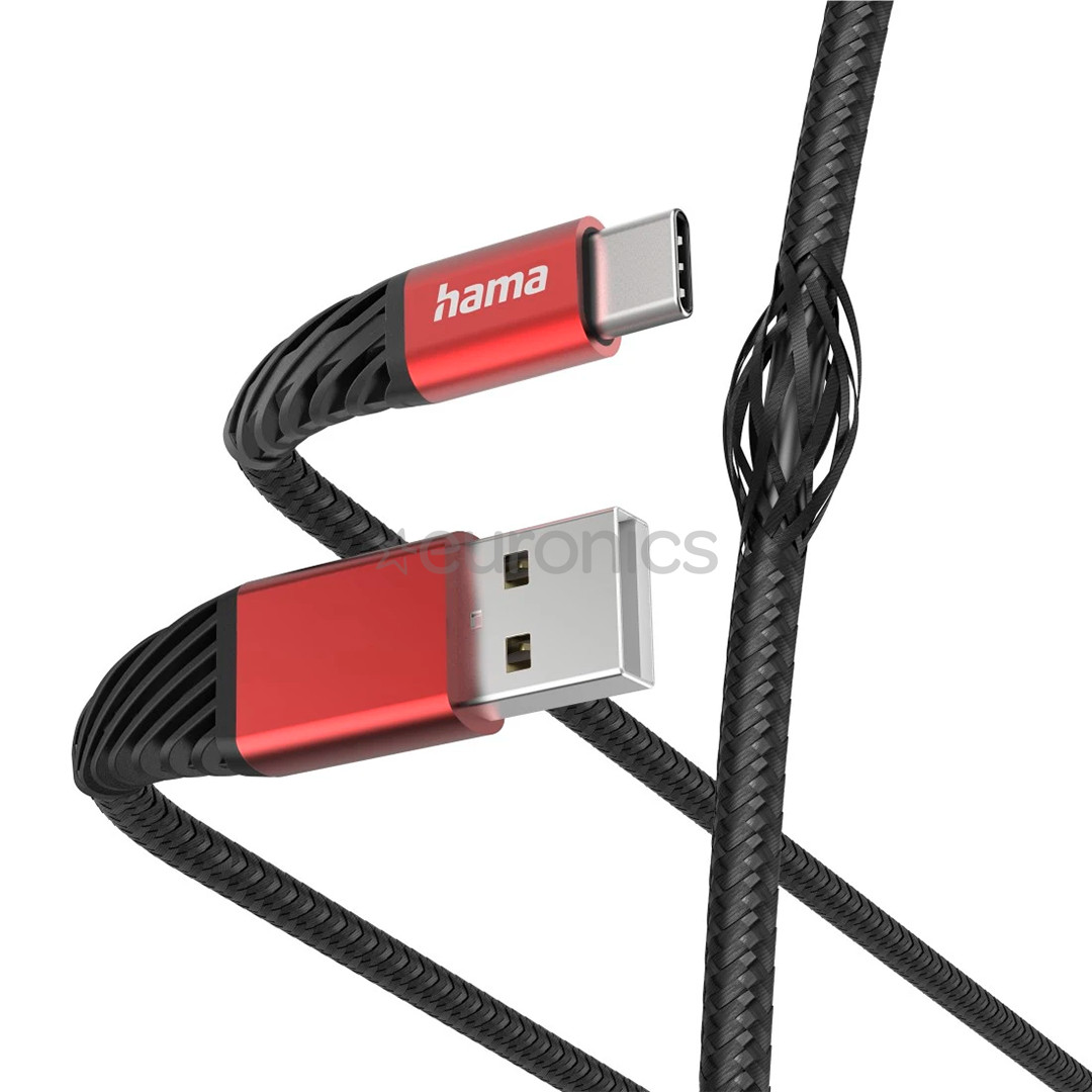 Hama Extreme Charging Cable, USB-A - USB-C, Nylon, 1.5 m, melns/sarkans - Vads