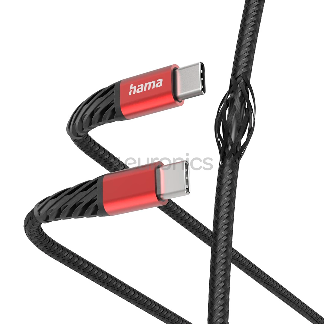 Hama Extreme Charging Cable, USB-C - USB-C, 60 W, Nylon, 1.5 m, melna/sarkana- Vads