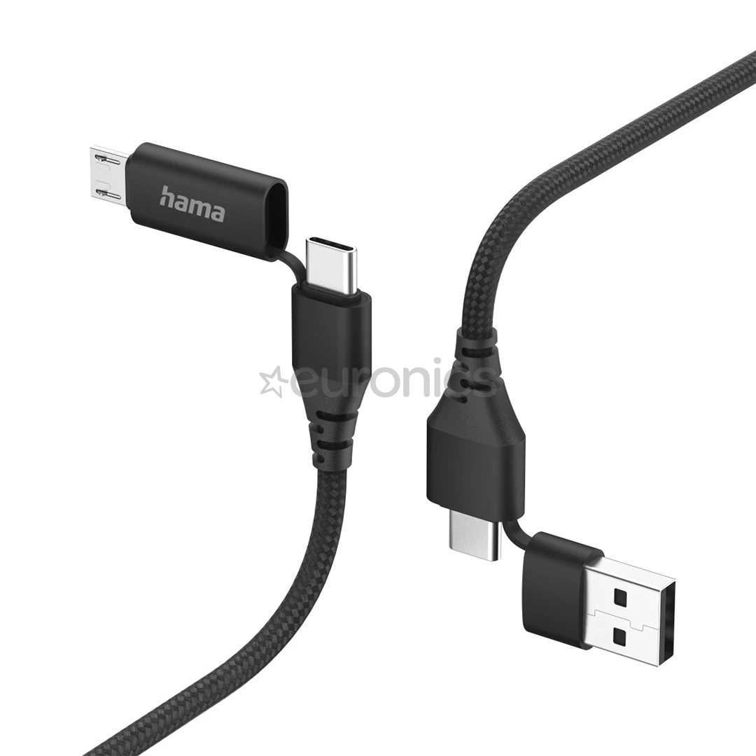 Hama 4-in-1 USB-C/USB-A - USB-C/Micro-USB, 1,5 m, nylon, melna - Vads