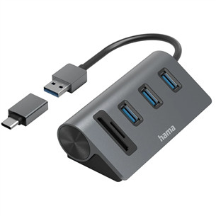 Hama USB Hub, 3x USB-A 3.2 Gen 1, SD, microSD, USB-C Adapter, melna/pelēka - Adapteris 00200140