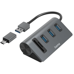 Hama USB Hub, 3x USB-A 3.2 Gen 1, SD, microSD, USB-C Adapter, melna/pelēka - Adapteris
